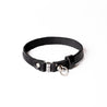 Black leather cat collar with a magnetic breakaway feature. Showing our simplified and lightweight design with minimal hardware.