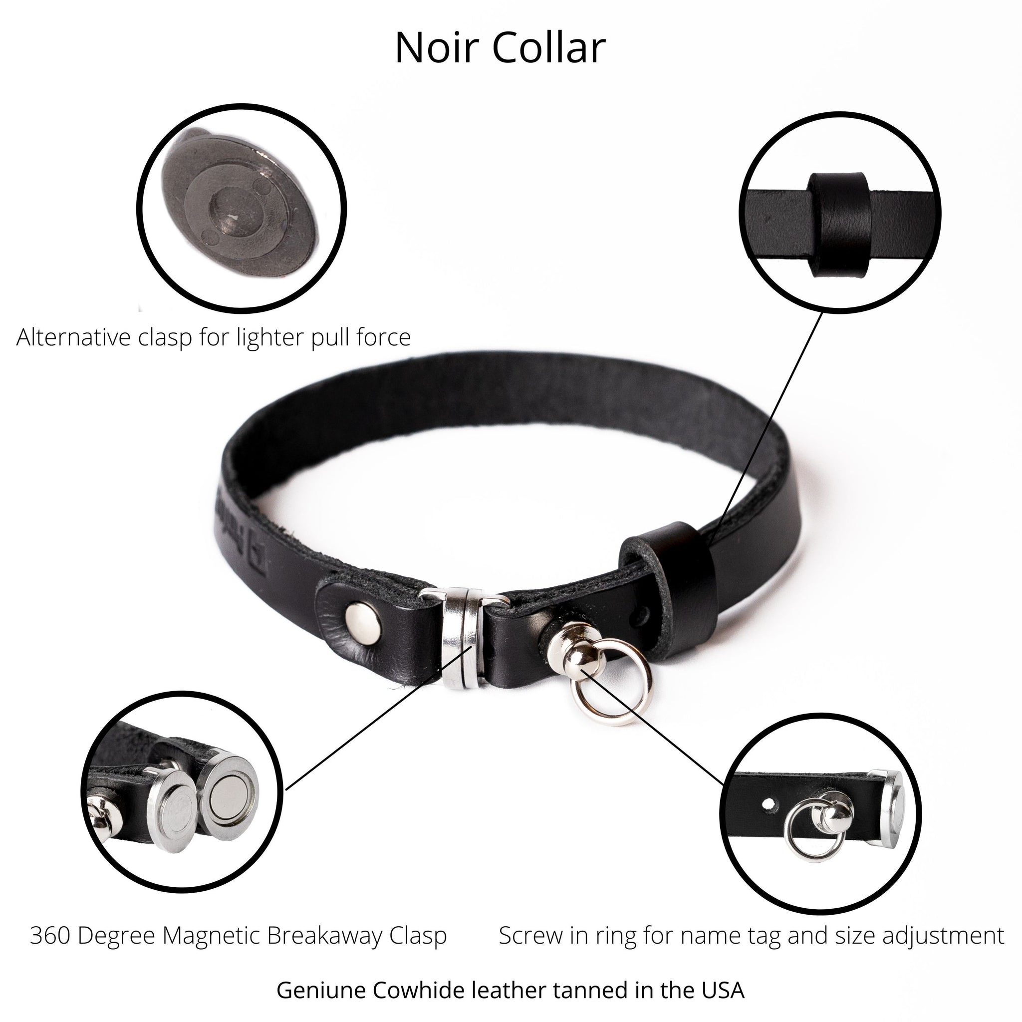 Noir Black Oil Tanned Leather Cat Collar + Stainless Breakaway