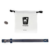 Linen bag containing the blue leather cat collar and a clasp for a lighter magnetic pull force.