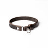 Brown leather cat collar with a magnetic breakaway feature. Showing our simplified and lightweight design with minimal hardware.