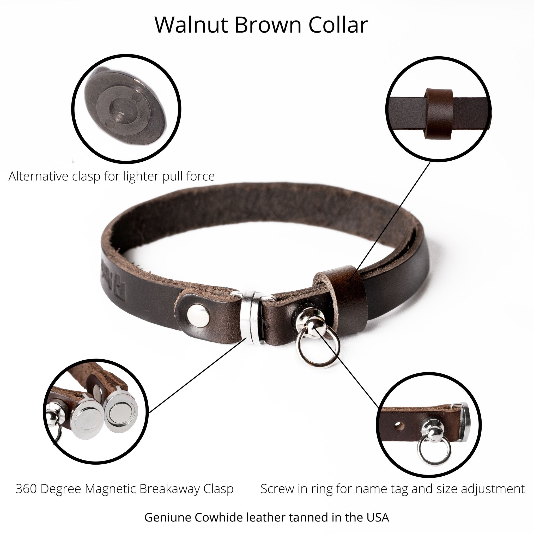 Mahogany Brown Oil Tanned Leather Cat Collar Stainless Breakaway Clasp Purring Paws