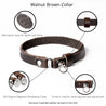  Features of brown leather cat collar. Shows details on ring adjustment, the keeper, the alternative clasp for a lighter pull force, and the magnetic breakaway feature.