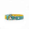 Showcasing the third look of our yellow and aqua reversible leather cat collar with a buckle. One side is yellow and the other is aqua.