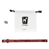 Linen bag containing the red leather cat collar and a clasp for a lighter magnetic pull force