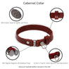 Features of our red leather cat collar. Shows details on ring adjustment, the keeper, the alternative clasp for a lighter pull force, and the magnetic breakaway feature.